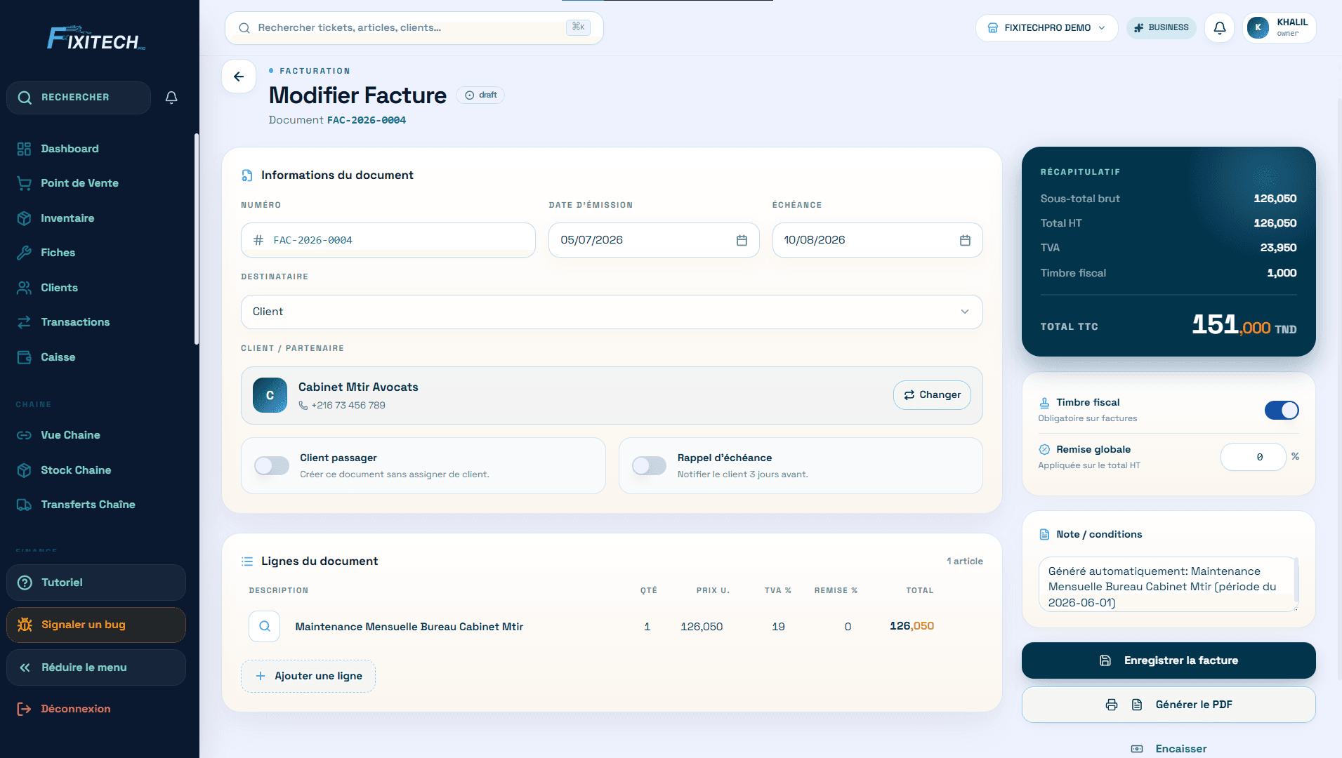 FixiTechPro product screen: FINANCE FACTURE