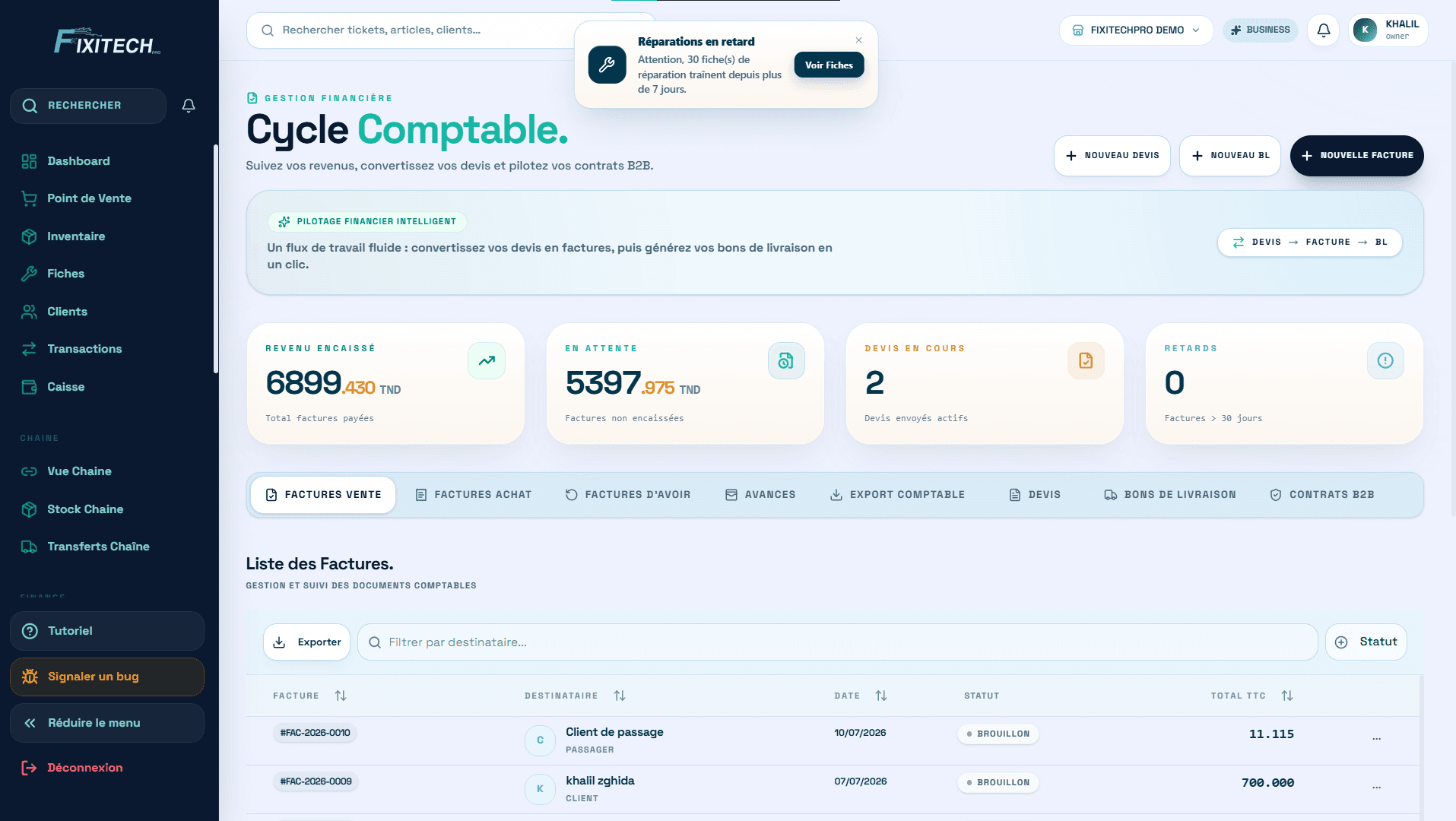 FixiTechPro product screen: FINANCE