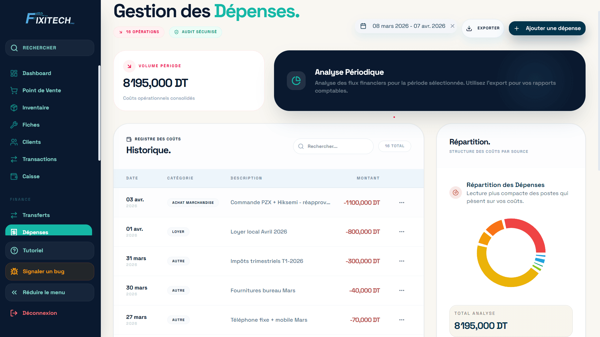 FixiTechPro product screen: depense