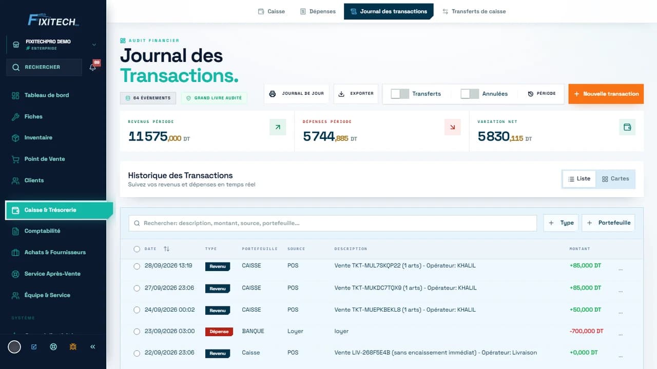 FixiTechPro product screen: transactions